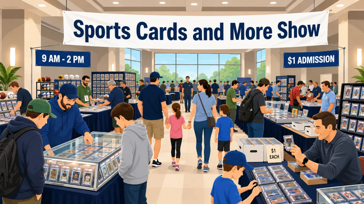 Sports Cards and More Show with families browsing glass cases of graded card slabs, dollar bargain boxes, and sports memorabilia displays at an indoor venue.