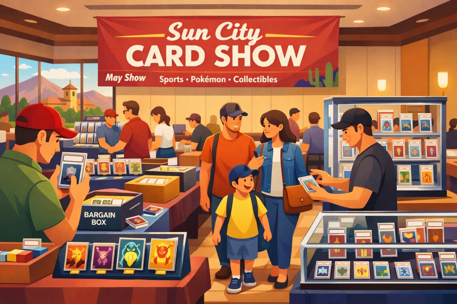 Sun City Card Show hero illustration showing a busy hotel card show in El Paso, Texas with vendor tables, display cases, sports cards, Pokémon-style cards, collectibles, and attendees browsing and trading at the May 2026 event.