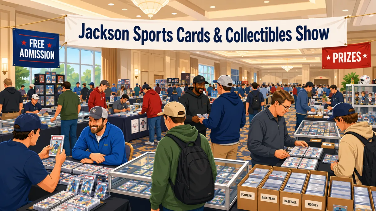 Jackson Sports Cards and Collectibles Show fills a hotel ballroom with graded slab display cases, sport-labeled card boxes, and a Free Admission banner.