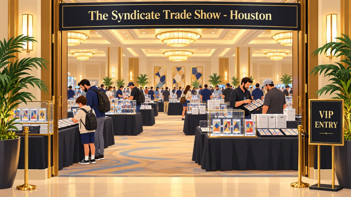 Collectors and a family browse trading card displays and open binders in a warmly lit hotel ballroom beneath a banner reading The Syndicate Trade Show - Houston.
