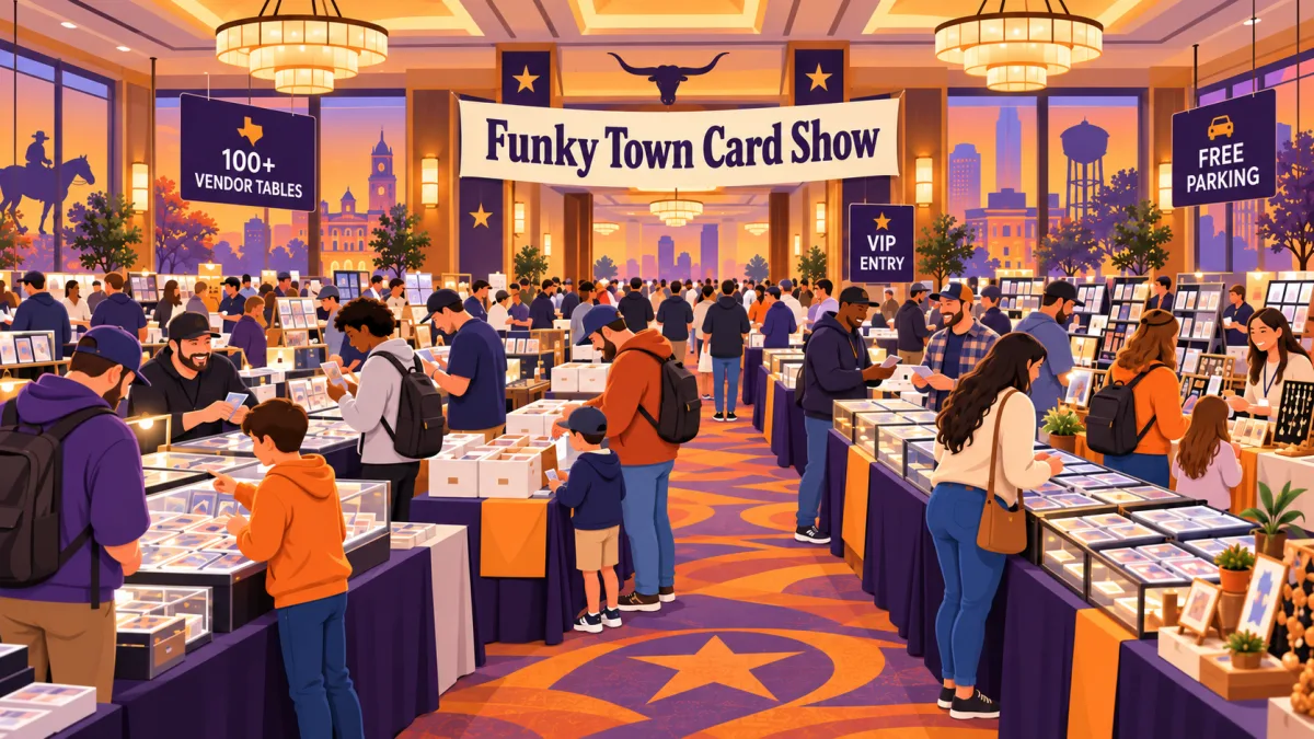 Illustration of collectors browsing vendor tables in a Fort Worth hotel ballroom beneath a Funky Town Card Show banner with 100+ vendor tables, VIP entry, and free parking callouts.