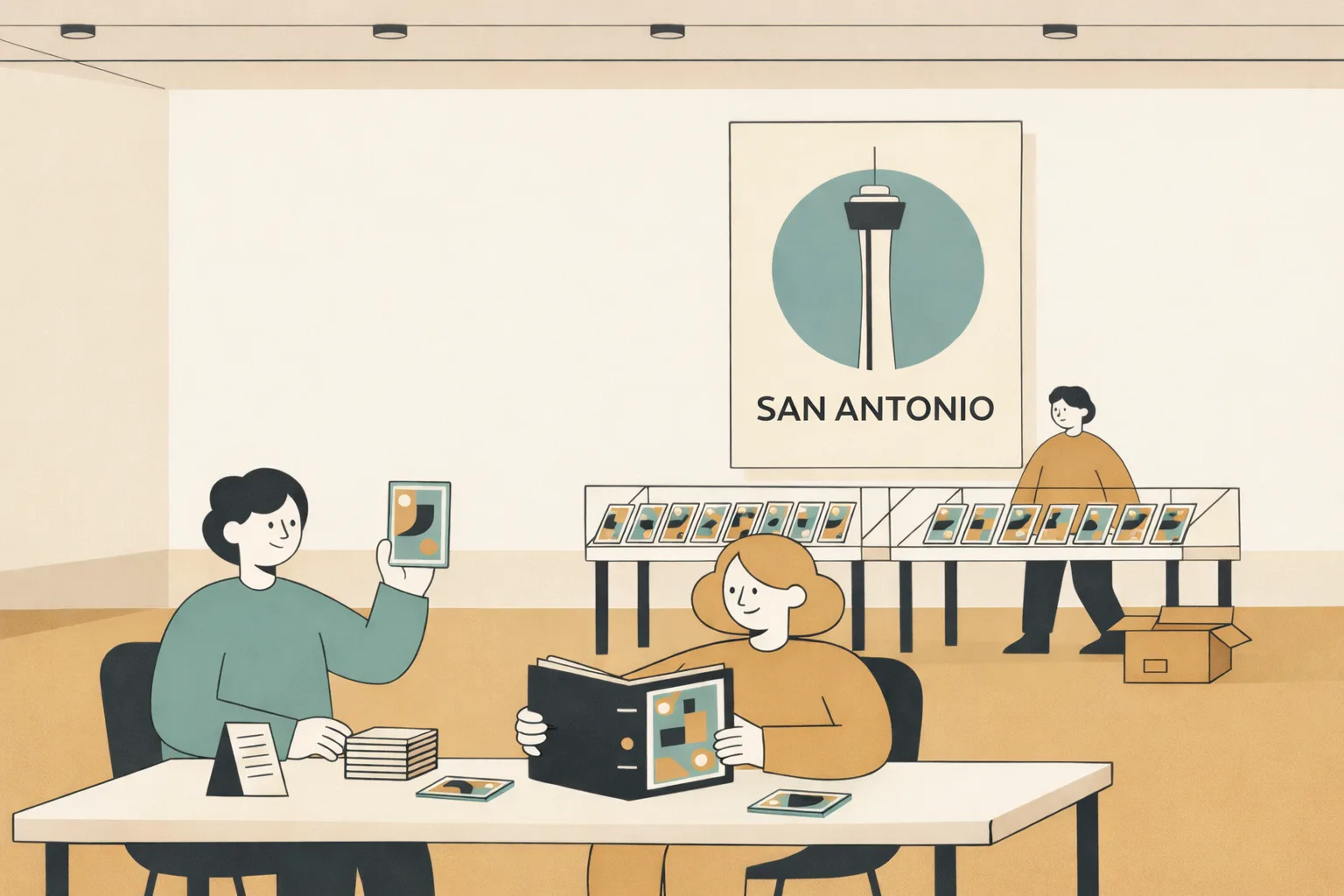 Modern minimalist illustration of a card collectors expo in San Antonio, with two collectors trading at a table and vendor display cases in the background beneath a “SAN ANTONIO” poster.