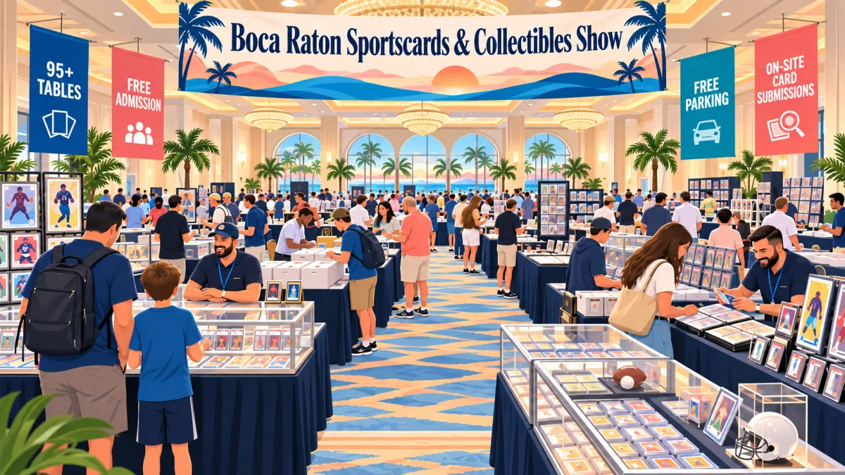 Illustration of collectors browsing a Boca Raton hotel ballroom card show beneath event signage for 95+ tables, free admission, and free parking.