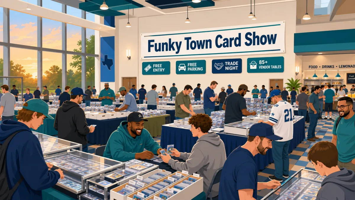Editorial illustration of collectors browsing and trading inside the Funky Town Card Show, with vendor tables, display cases, binders, and a free-entry trade-night banner.