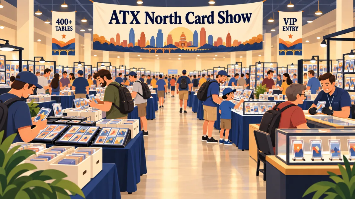 Collectors and a family browse card displays and vendor tables beneath an ATX North Card Show banner in a spacious expo hall. A collector discusses cards at a consultation counter near the entrance.