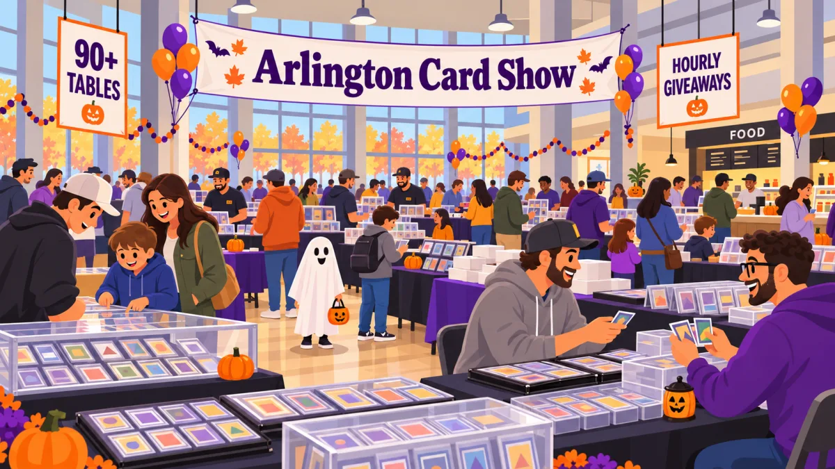 Families and collectors browse card tables beneath an Arlington Card Show banner in a recreation center. Purple and orange decorations, pumpkins, and a visitor in a ghost costume add a Halloween touch.