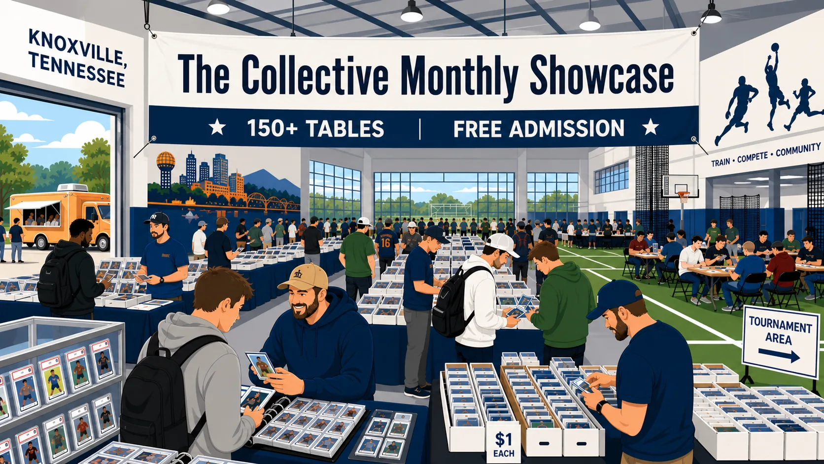 The Collective Monthly Showcase in Knoxville, Tennessee, with collectors browsing 150+ tables of graded sports cards, $1 bins, and a tournament area.