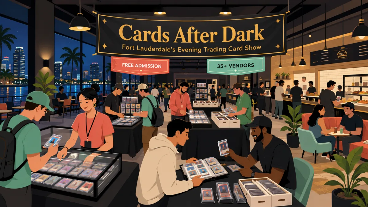 An evening card show inside a modern Fort Lauderdale event hall, with collectors browsing vendor tables beneath a Cards After Dark banner and free-admission and 35+ vendors callouts.