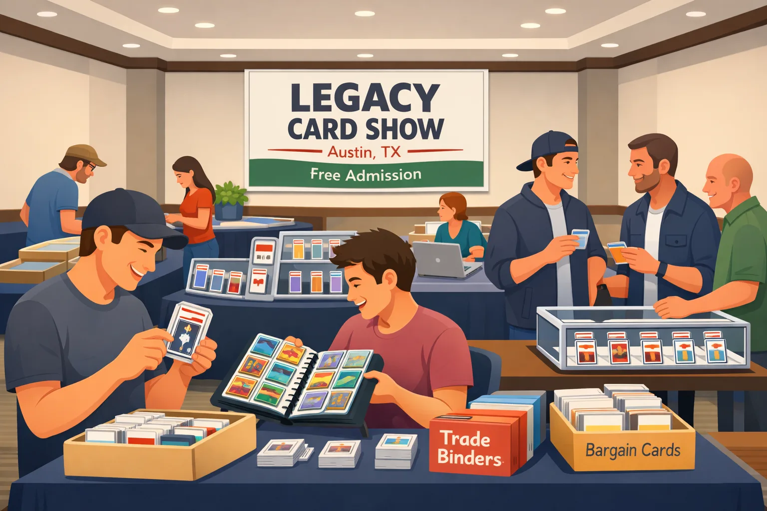 Illustration of the Legacy Card Show in Austin, Texas, in March 2026, showing collectors browsing sports cards, Pokémon cards, vendor tables, display cases, and bargain boxes inside a hotel card show at Courtyard by Marriott.