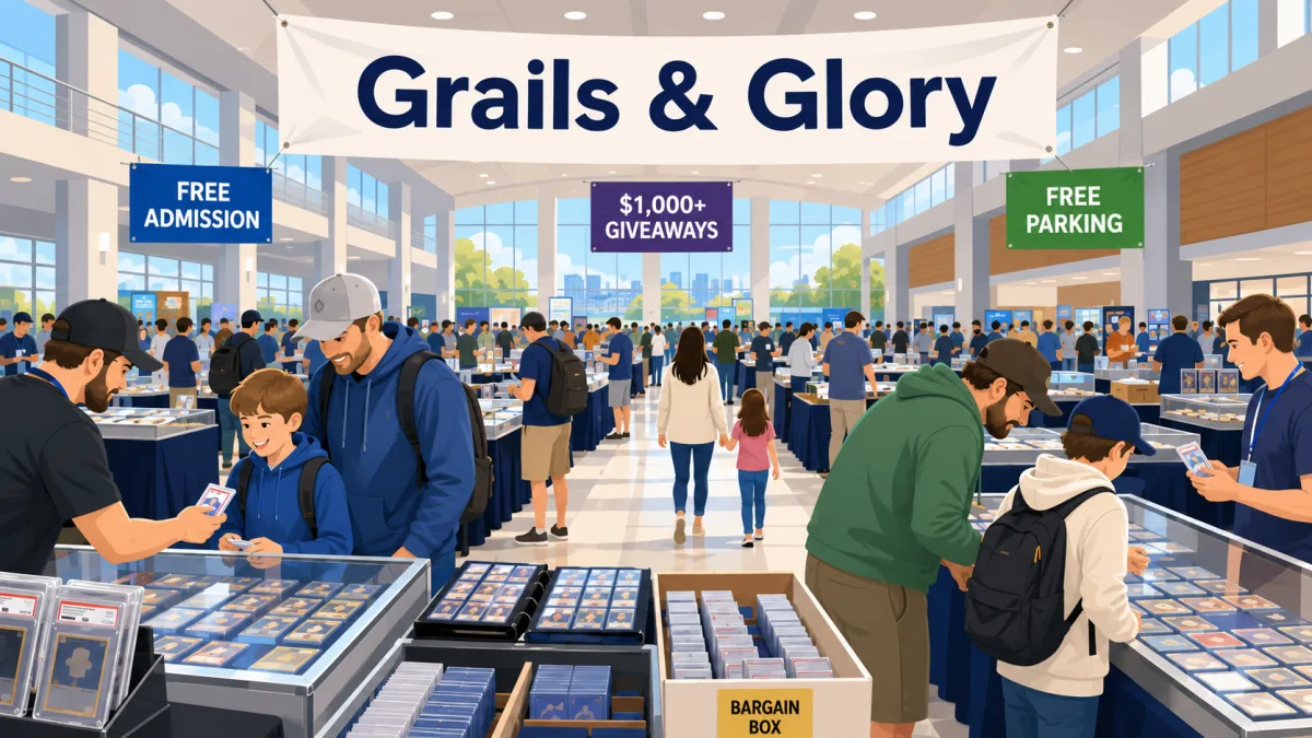 Grails and Glory trading card show in a packed indoor convention hall, with collectors browsing graded card display cases, binders, and a bargain box bin.