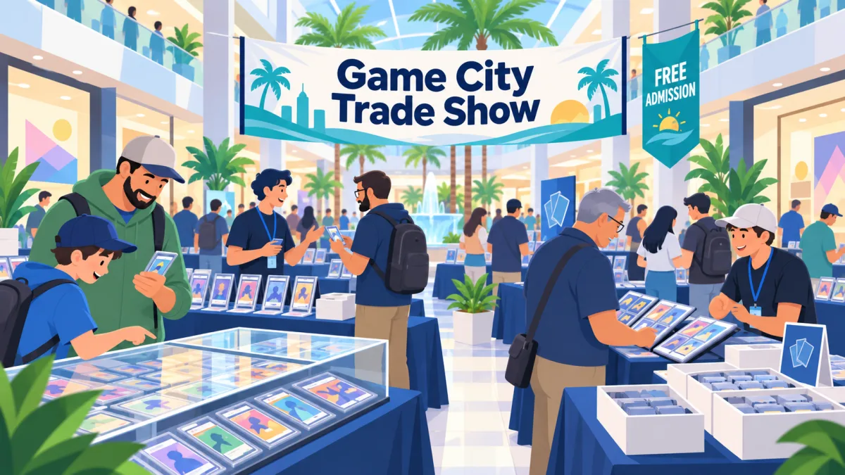 Illustration of collectors browsing trading card tables inside a shopping mall beneath a Game City Trade Show banner with a free admission callout.