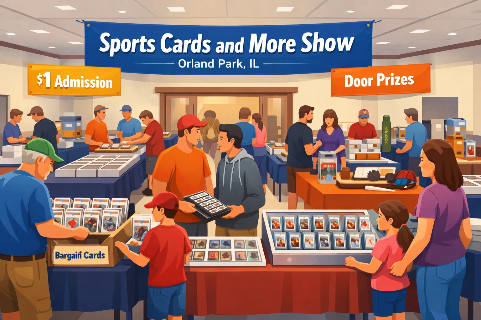 Sports Cards and More Show in Orland Park inside a civic center hall with vendor tables, sports card displays, bargain boxes, slabs, and collectors browsing a relaxed local show floor.