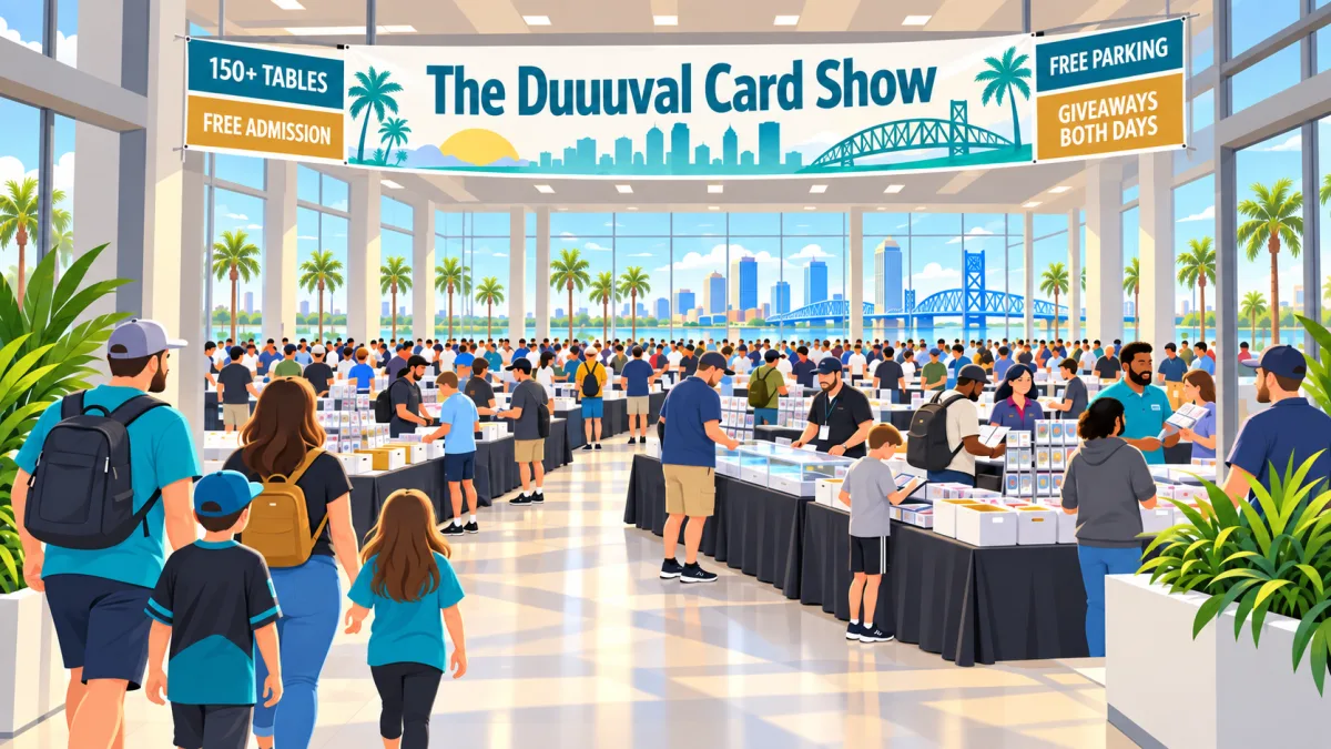 Collectors browse card displays and vendor tables beneath The Duuuval Card Show banner inside a bright Jacksonville university conference center.