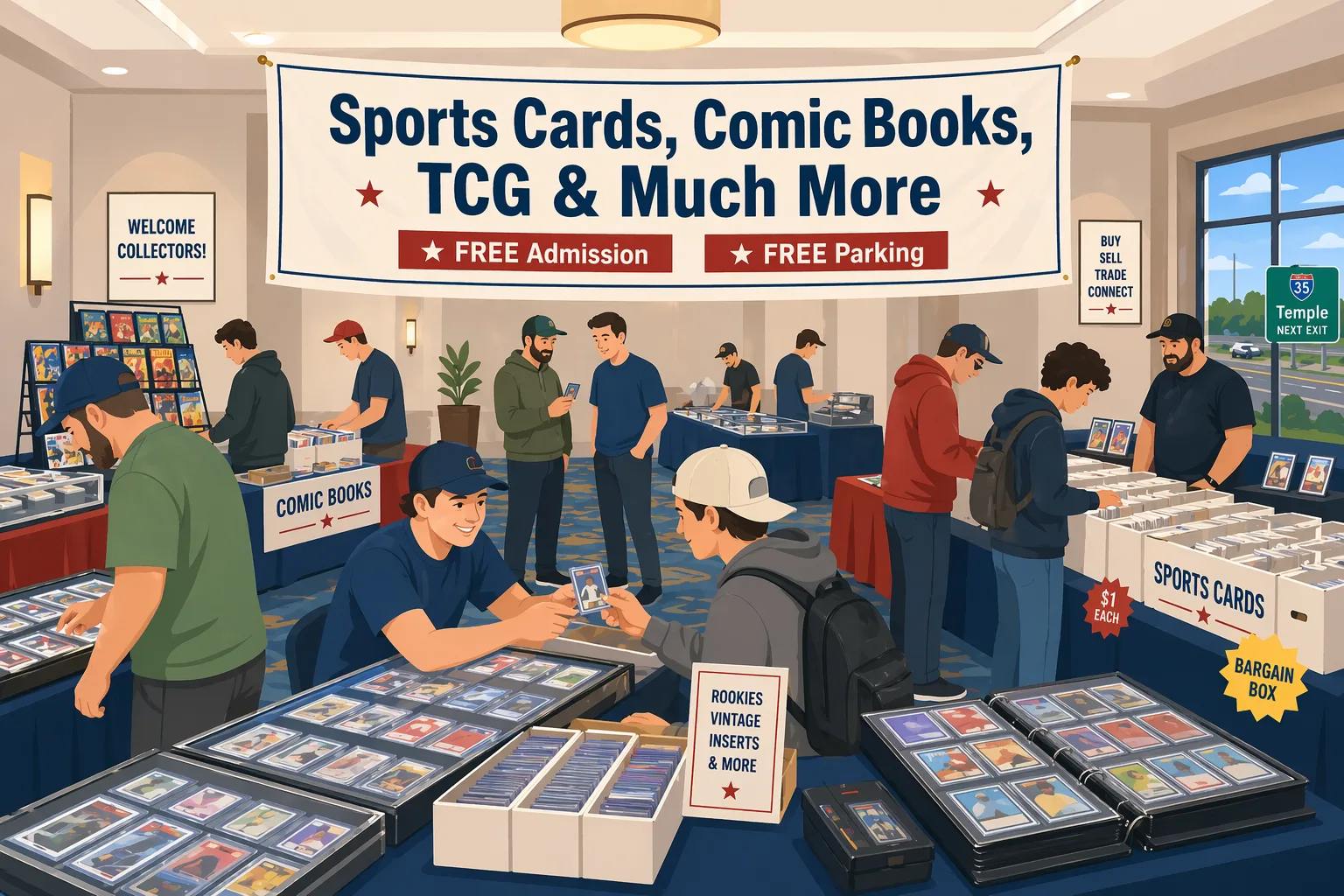 Vector-style hero illustration of the Sports Cards, Comic Books, TCG & Much More show in Temple, Texas, with a hotel event room full of vendor tables, comics, sports cards, trading cards, and collectors browsing.