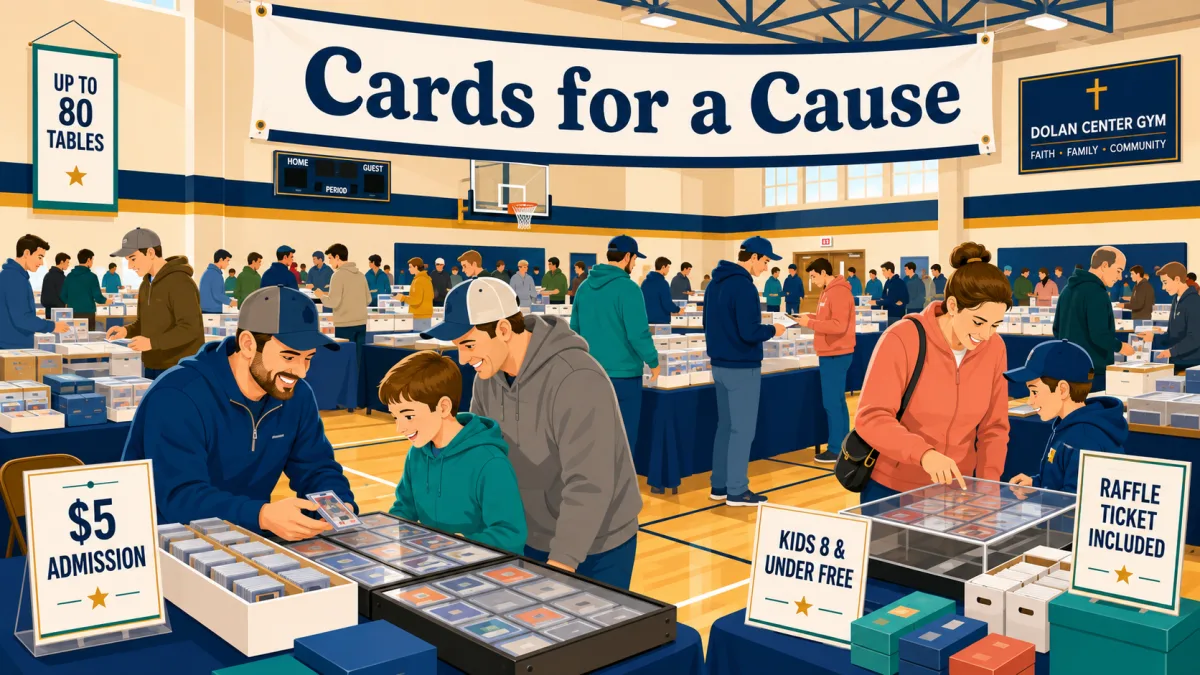 Provisional illustration of families and collectors browsing card tables inside the Dolan Center Gym beneath a Cards for a Cause banner with admission, table, and raffle callouts.