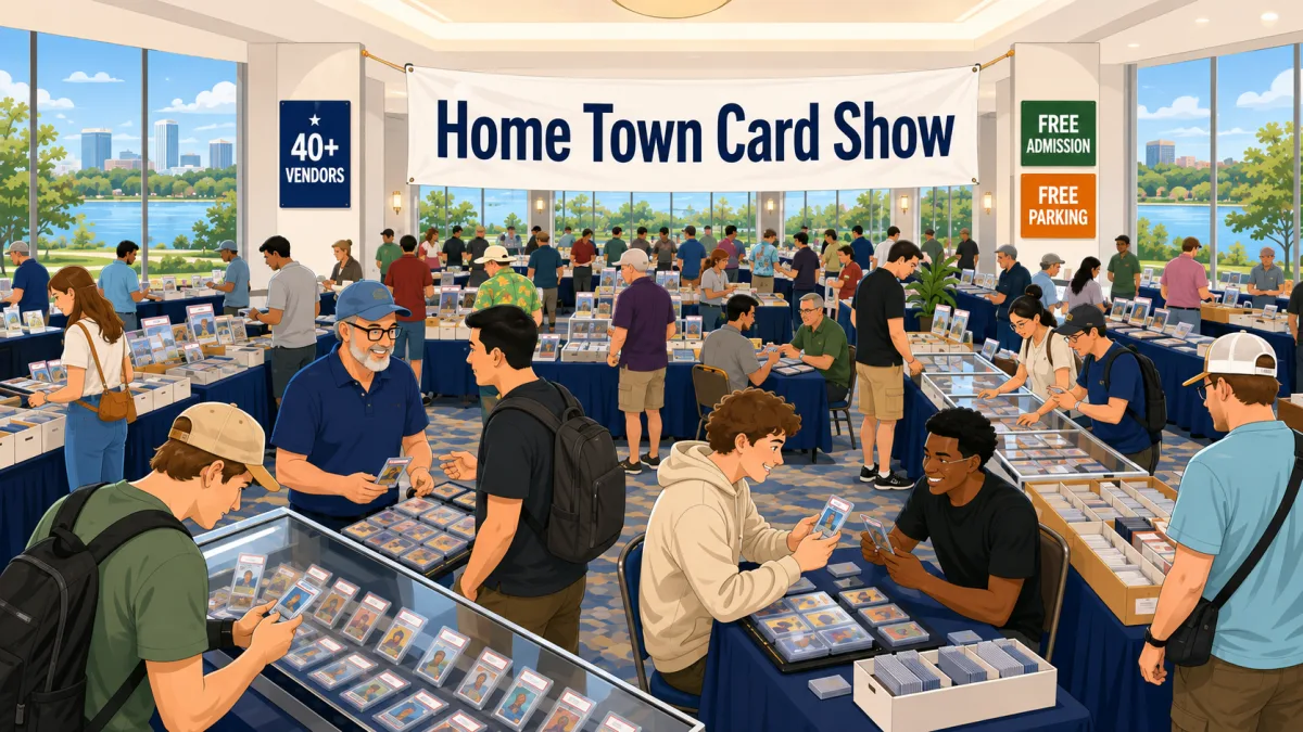 Illustration of collectors browsing vendor tables inside an Austin hotel hall beneath a Home Town Card Show banner with callouts for 40+ vendors, free admission, and free parking.
