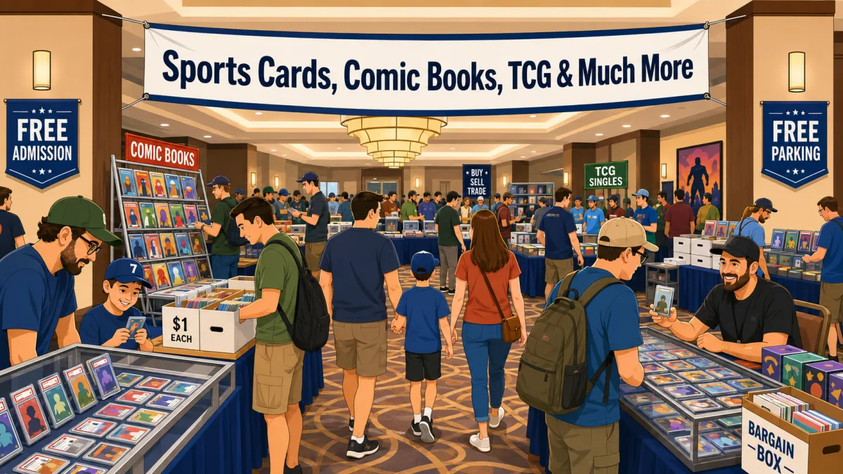 Sports Cards, Comic Books, TCG and Much More at Holiday Inn Temple-Belton, Temple TX, with graded card cases, comic racks, and dollar bargain boxes