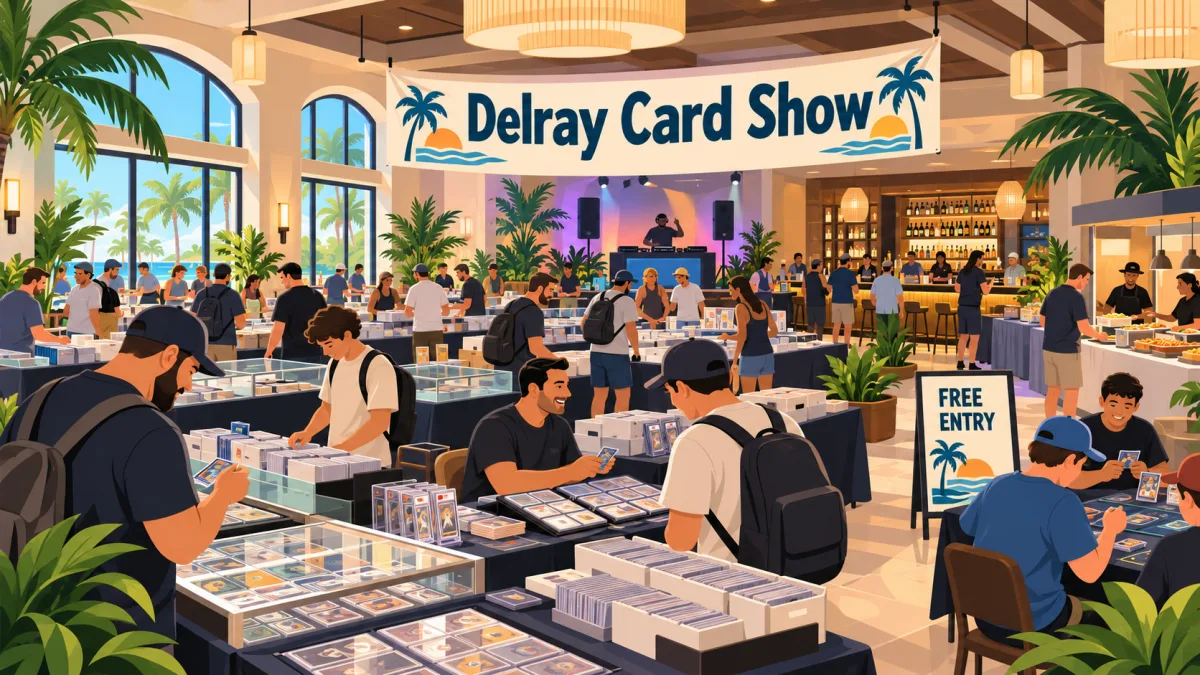 Illustration of collectors browsing card tables inside a Delray Beach lodge beneath a Delray Card Show banner and Free Entry sign.