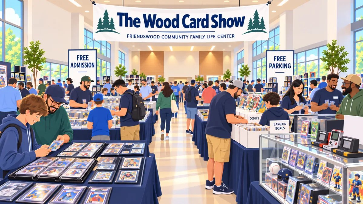 Collectors browse card displays, binders, comics, and retro games beneath a The Wood Card Show banner with free admission and free parking callouts.