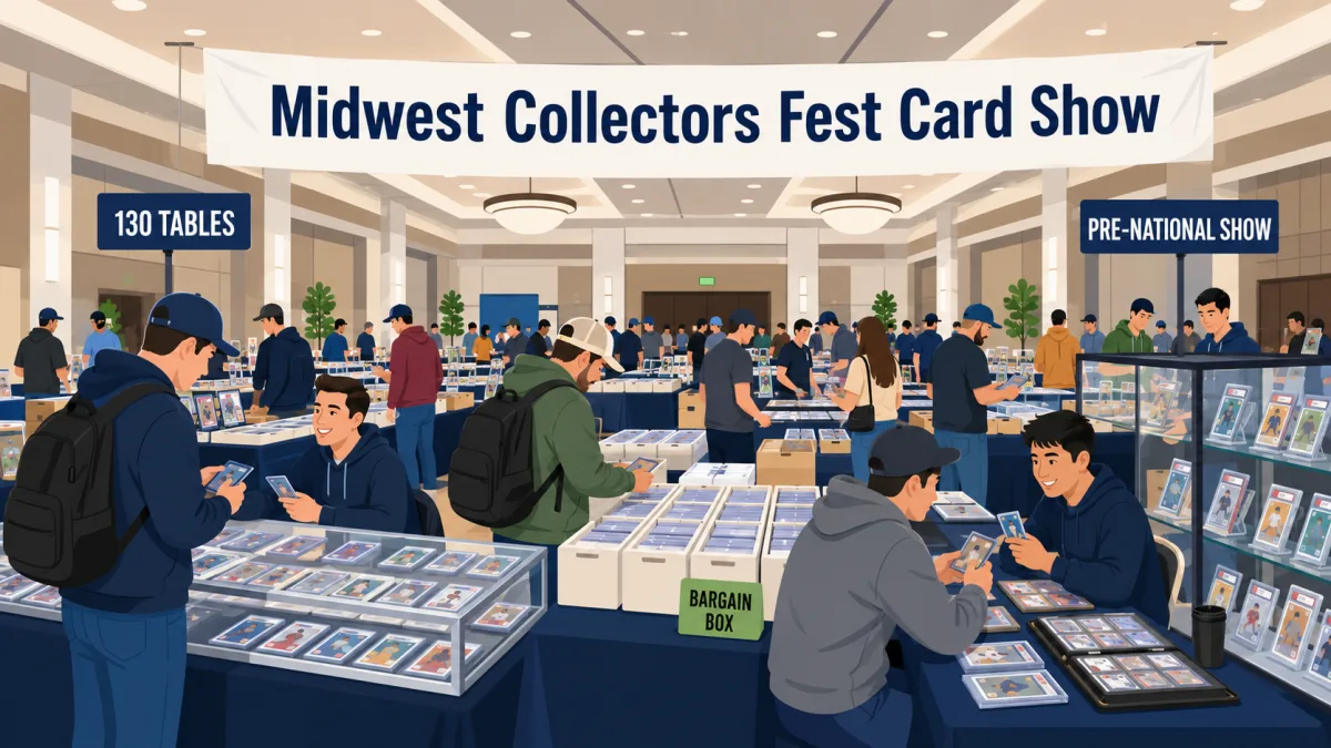 Midwest Collectors Fest Card Show floor with 130 vendor tables, a bargain box bin, and glass cases of graded slabs as collectors browse and trade.