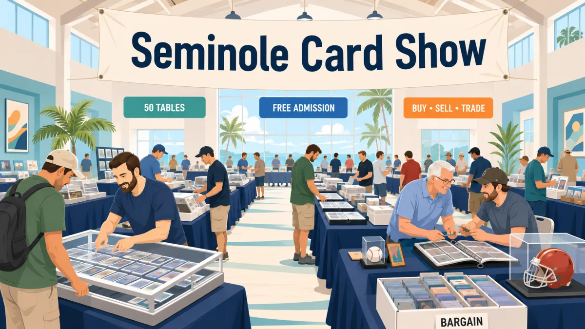 Illustration of collectors browsing card and memorabilia tables inside Seminole Recreation Center beneath a Seminole Card Show banner with free-admission and 50-table callouts.