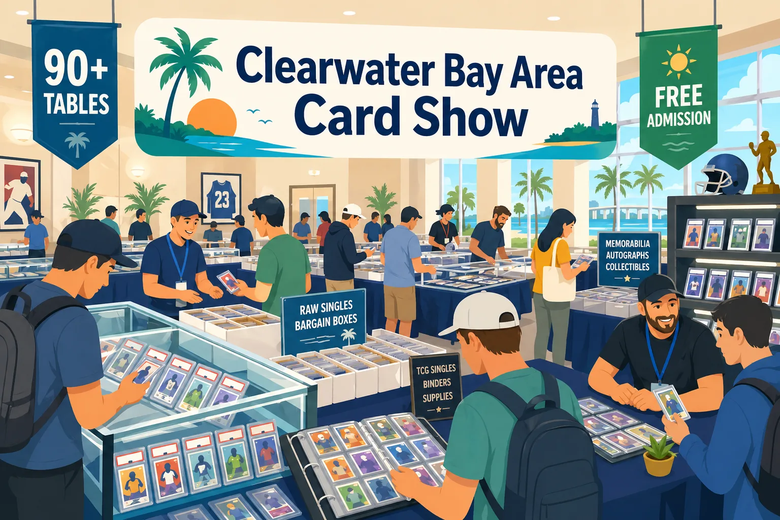 Collectors browsing graded sports cards, raw singles, and memorabilia tables at the Clearwater Bay Area Card Show, a 90+ table free admission trading card event in Florida.