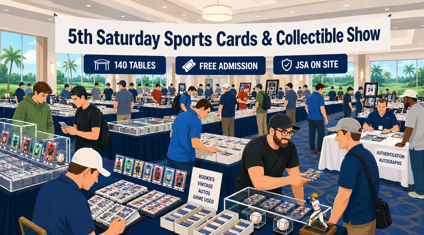 5th Saturday Sports Cards & Collectible Show in Jacksonville, FL — sunlit resort ballroom with 140 vendor tables, JSA authentication, and graded card displays.