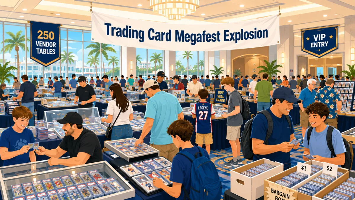 Trading Card Megafest Explosion fills a sunlit waterfront hotel ballroom with 250 vendor tables, graded card slabs and dollar bargain bins.