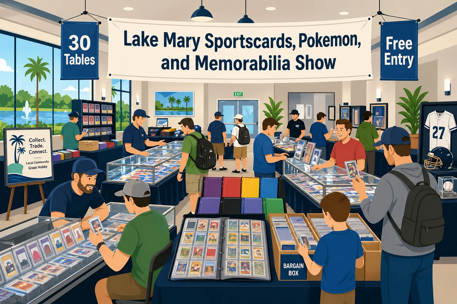 Lake Mary Sportscards, Pokemon, and Memorabilia Show at a lakeside Florida hall, with 30 dealer tables, glass display cases, and free entry.