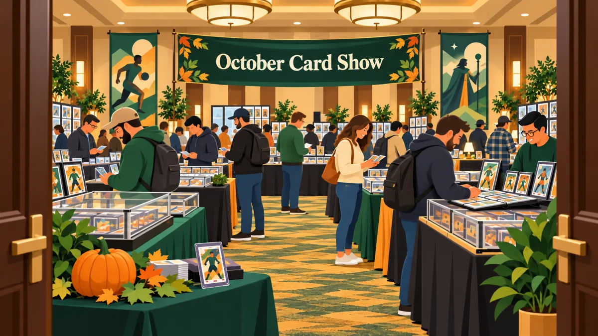 Collectors browse trading cards, open binders, and display cases beneath an October Card Show banner in a hotel event room. A small pumpkin and paper leaves add autumn color.
