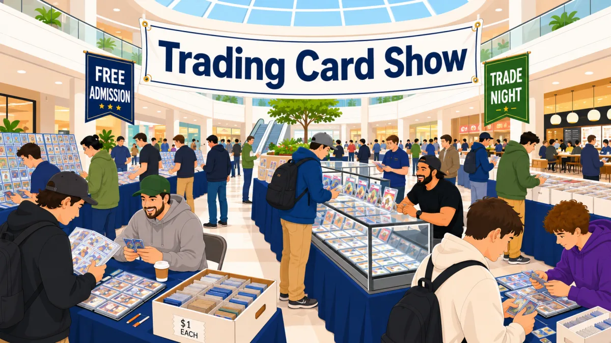 Trading Card Show at White Oaks Mall in Springfield, IL, with free admission and collectors browsing glass cases of graded cards and dollar boxes