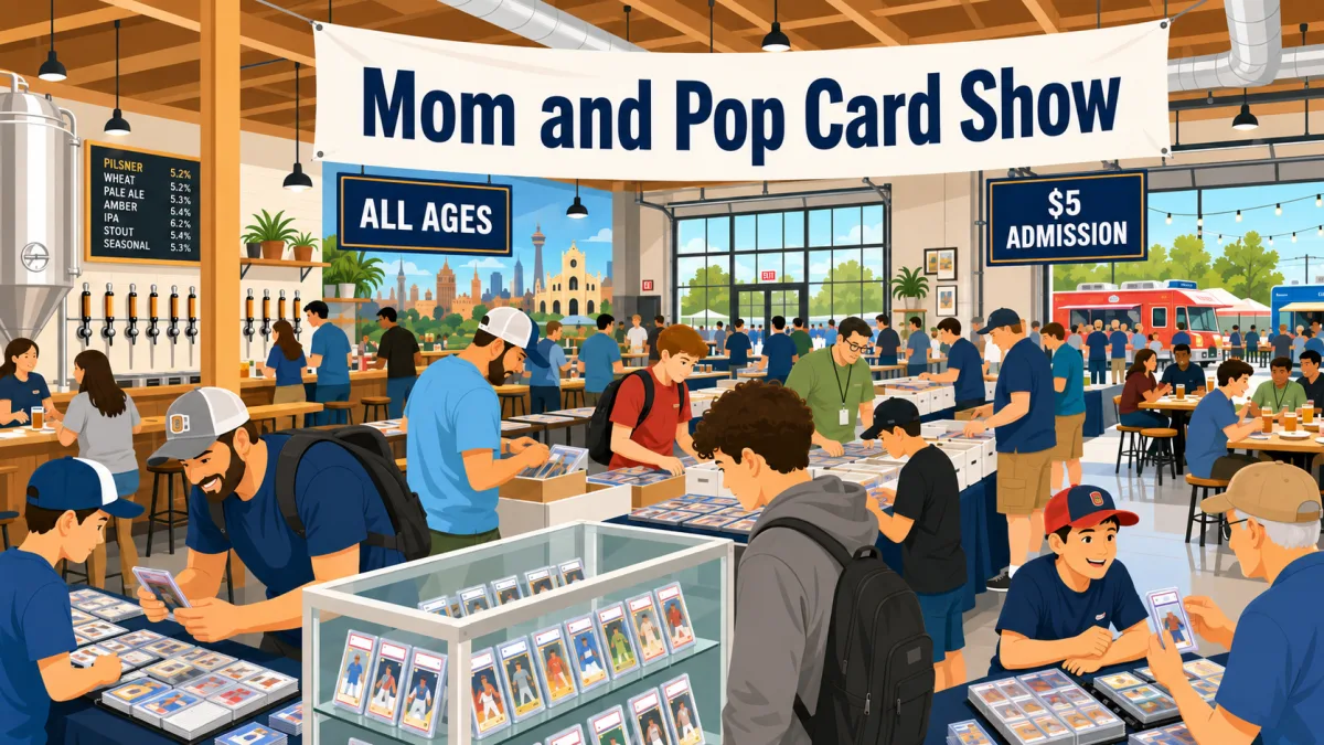 Mom and Pop Card Show inside a brewery taproom, with rows of vendor tables, a glass case of graded card slabs, and All Ages, $5 Admission signage.