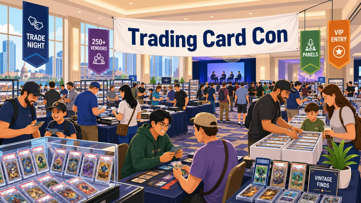 Trading Card Con convention hall packed with collectors at vendor tables, graded card slabs in glass display cases, and a 250 plus vendors banner overhead.