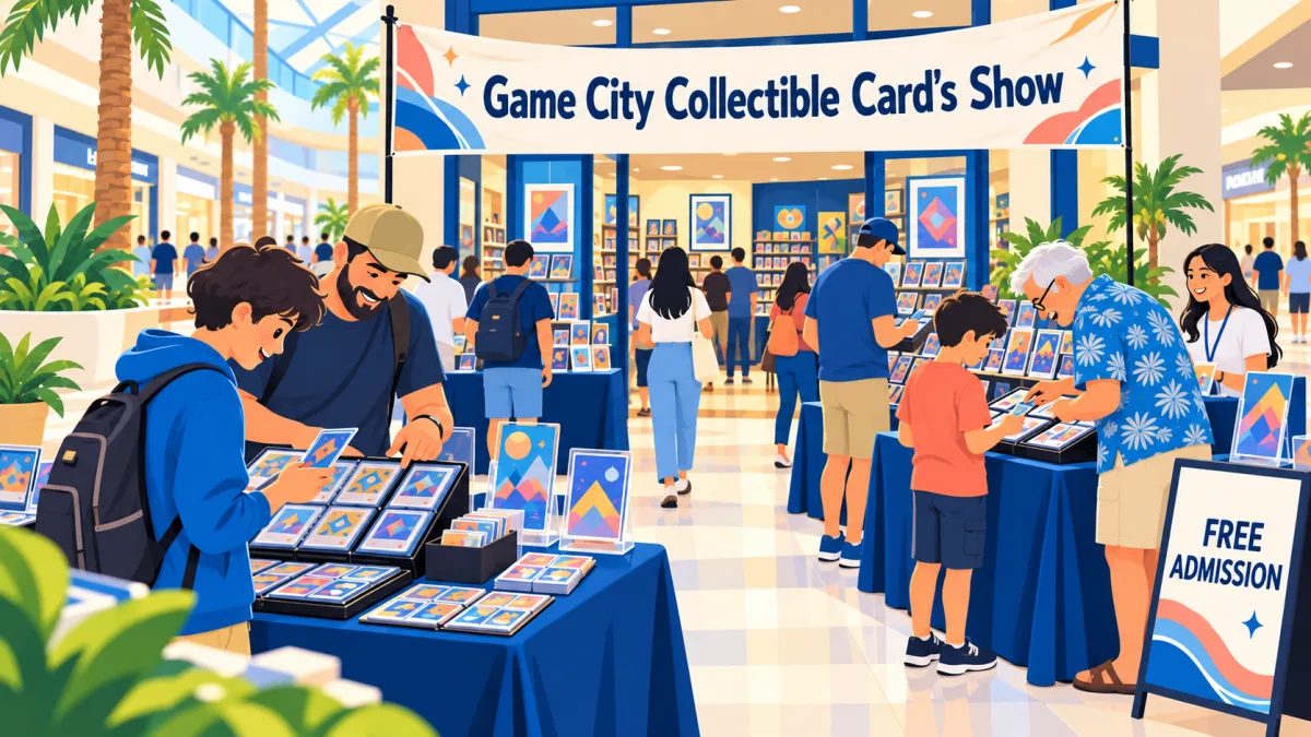 Collectors browse card binders and display trays in a bright mall concourse beneath a Game City Collectible Card's Show banner and a free admission sign.