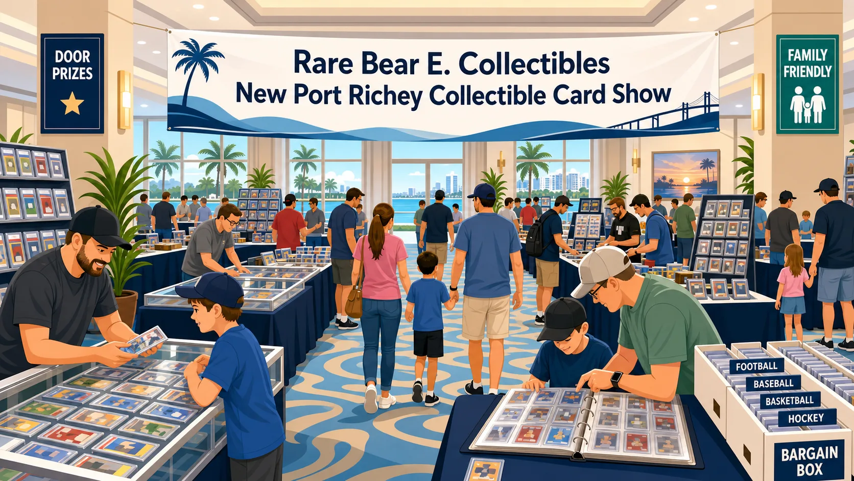 New Port Richey Collectible Card Show by Rare Bear E. Collectibles, with graded card cases, sport-sorted bargain boxes, and families browsing tables.