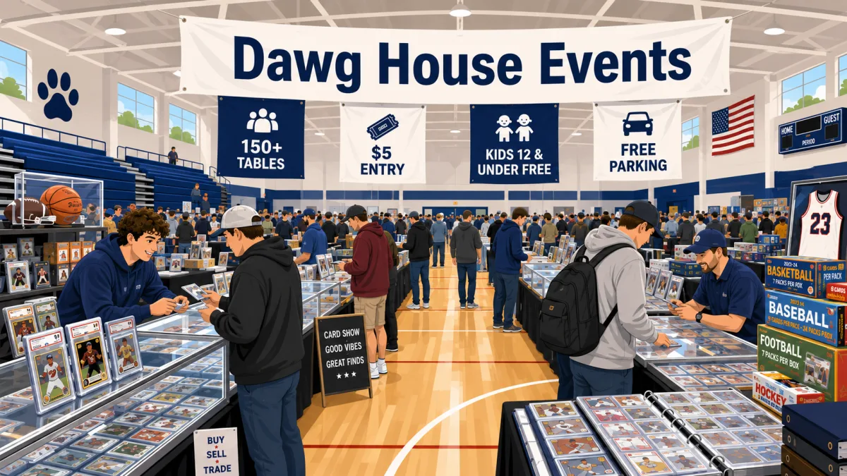 Dawg House Events card show inside a packed school gym, 150+ vendor tables of graded slabs, vintage wax boxes, and a signed basketball jersey display.
