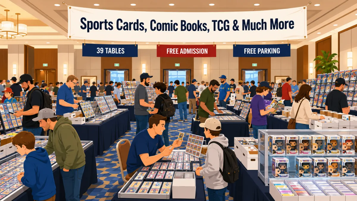 Temple, TX card show with collectors browsing sports cards, comic books, graded slabs and Funko Pop displays across vendor tables in a hotel ballroom