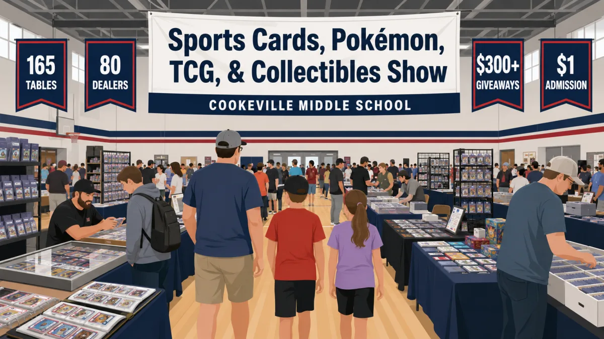 Sports Cards, Pokémon, TCG & Collectibles Show at Cookeville Middle School gym in Tennessee, with 165 tables of graded slabs, binders, and busy aisles.