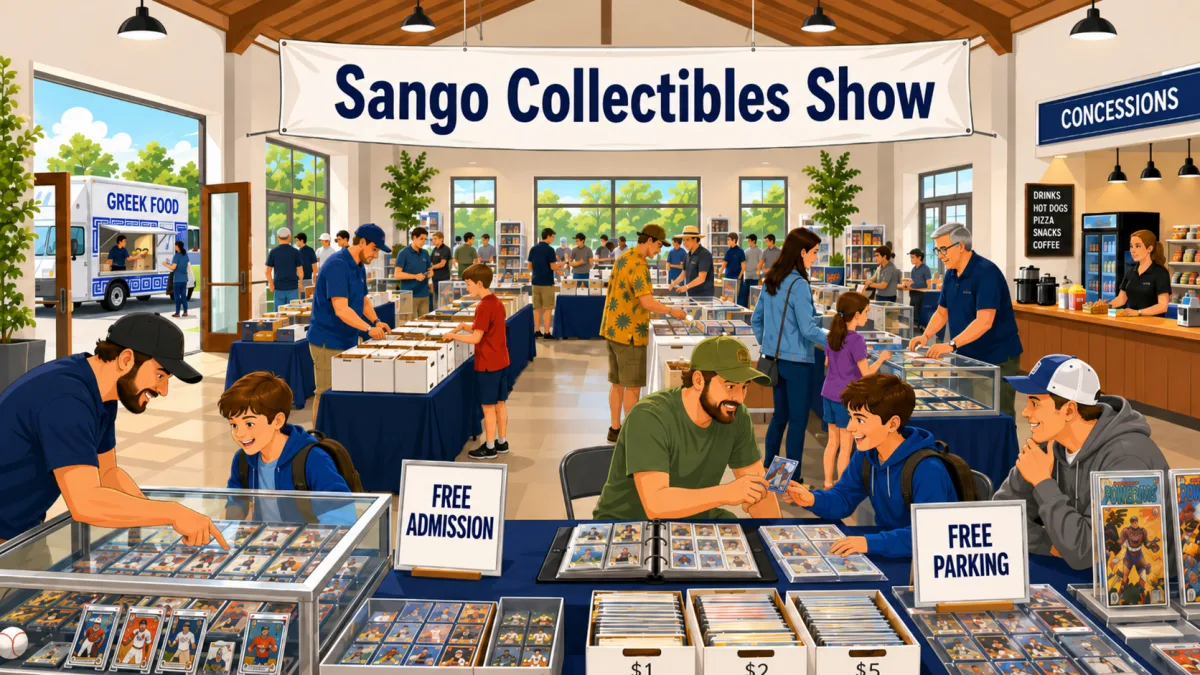 Illustration of collectors browsing card and comic tables inside a church event hall beneath a Sango Collectibles Show banner, with concessions and a food truck nearby.