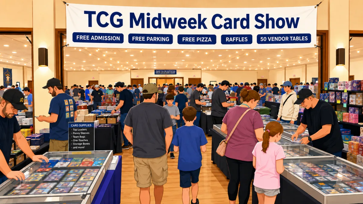 TCG Midweek Card Show fills a packed ballroom with glass display cases of trading cards, 50 vendor tables, and families browsing singles and sealed boxes