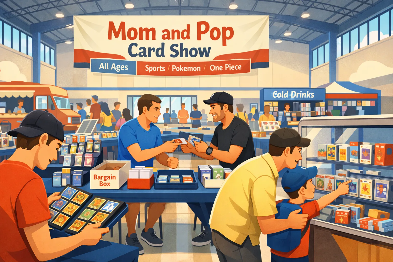 Mom and Pop Card Show in Leander, Texas on July 12, 2026, featuring two men trading cards, a collector flipping through a binder, and a dad and son looking into a glass case inside a busy indoor sports card and TCG show.