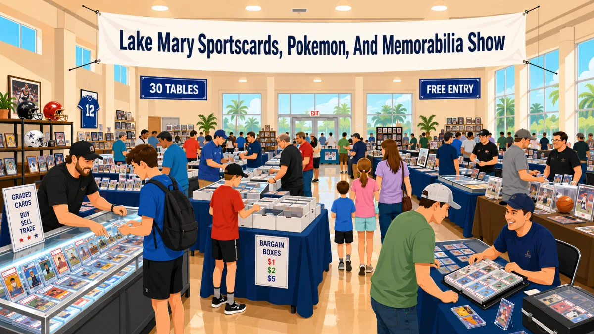 Lake Mary Sportscards, Pokemon, and Memorabilia Show with graded card display cases, 30 vendor tables, and dollar bargain boxes at a sunny indoor hall.