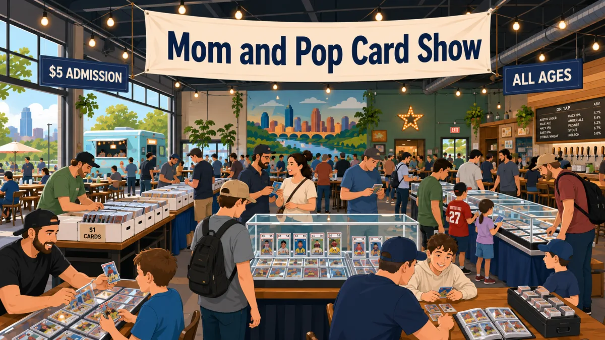 Mom and Pop Card Show inside a brewery taproom, collectors browsing graded card display cases, dollar card bins, and an all ages sign overhead.