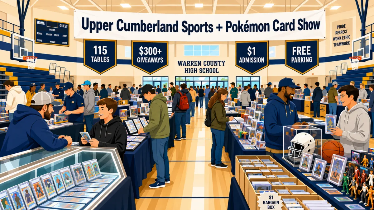 Illustrated school gym filled with collectors browsing rows of card-show tables beneath an Upper Cumberland Sports + Pokémon Card Show banner.