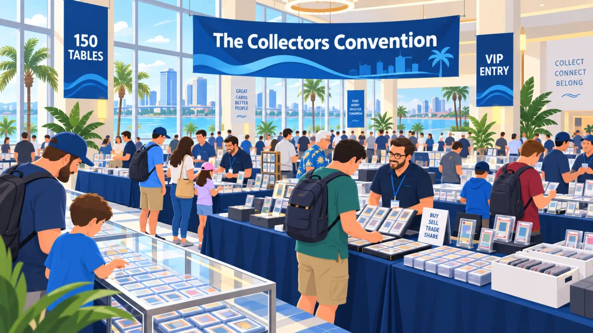 Illustrated Tampa hotel convention hall filled with collectors browsing card tables beneath a The Collectors Convention banner.