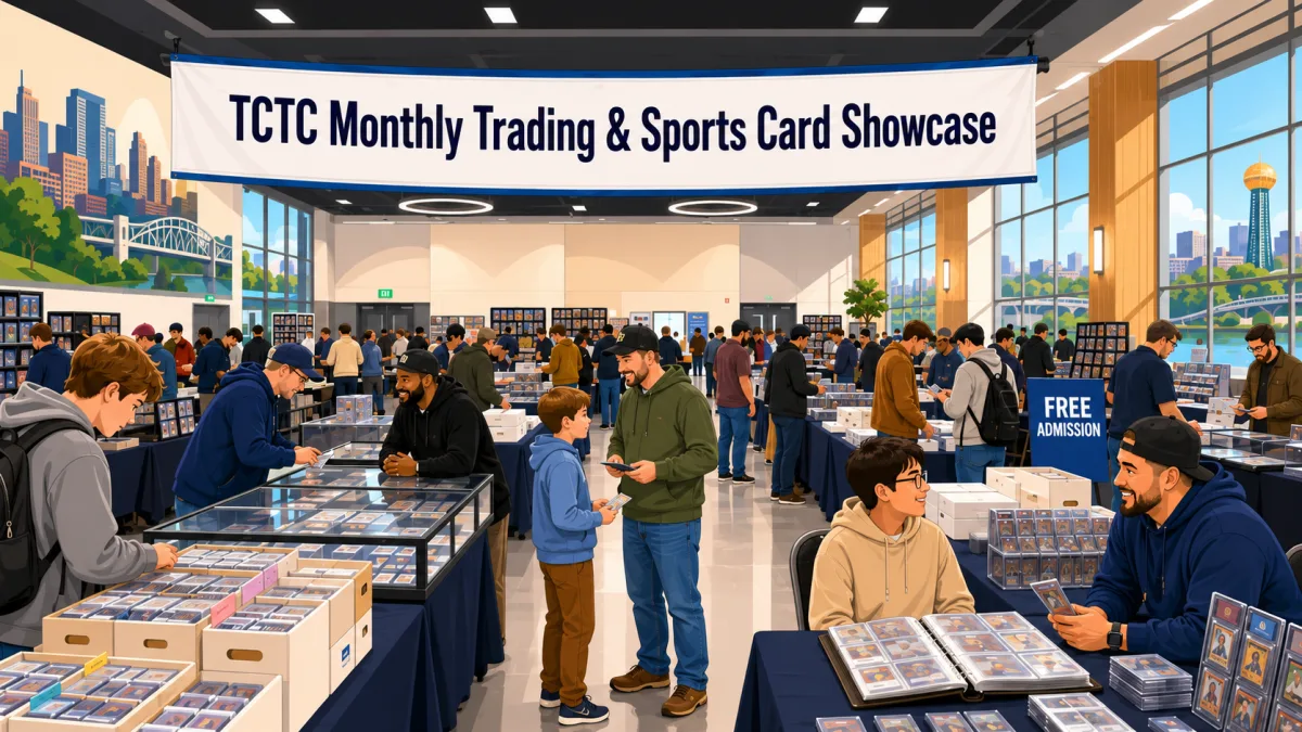 Illustrated interior of the TCTC Monthly Trading & Sports Card Showcase in Knoxville, with collectors browsing card tables beneath a free-admission event banner.