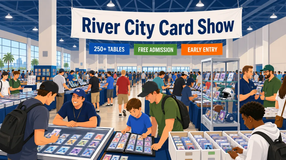 Collectors browse card and memorabilia tables inside Jacksonville Fairgrounds beneath a River City Card Show banner with 250+ tables, free admission, and early entry callouts.