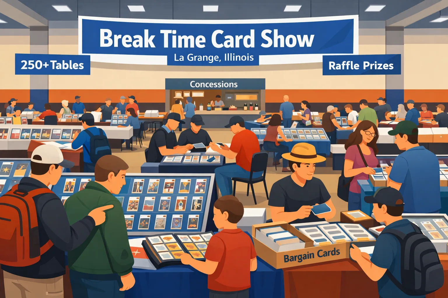 Break Time Card Show in La Grange, Illinois inside a busy expo hall with vendor tables, sports card slabs, Pokémon and TCG cards, display cases, bargain boxes, and collectors browsing the show floor, including one attendee wearing a straw hat.