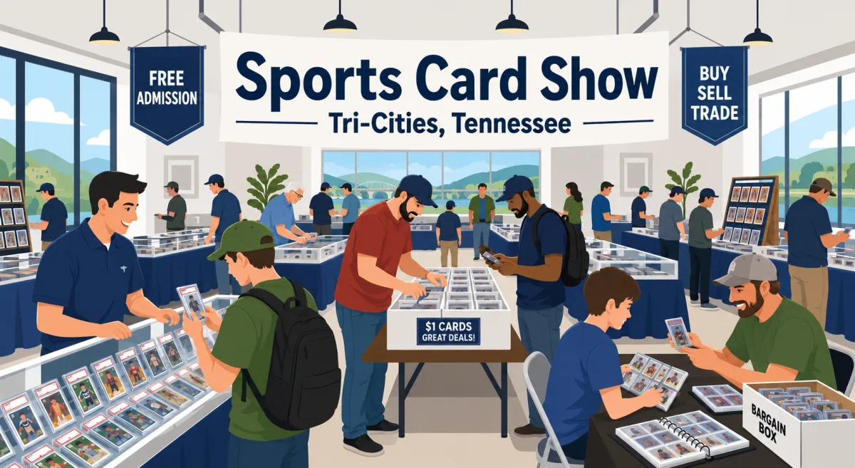 Sports Card Show in Tri-Cities, Tennessee with collectors at glass display cases, graded card showcases, and a $1 bargain bin under free-admission banners.