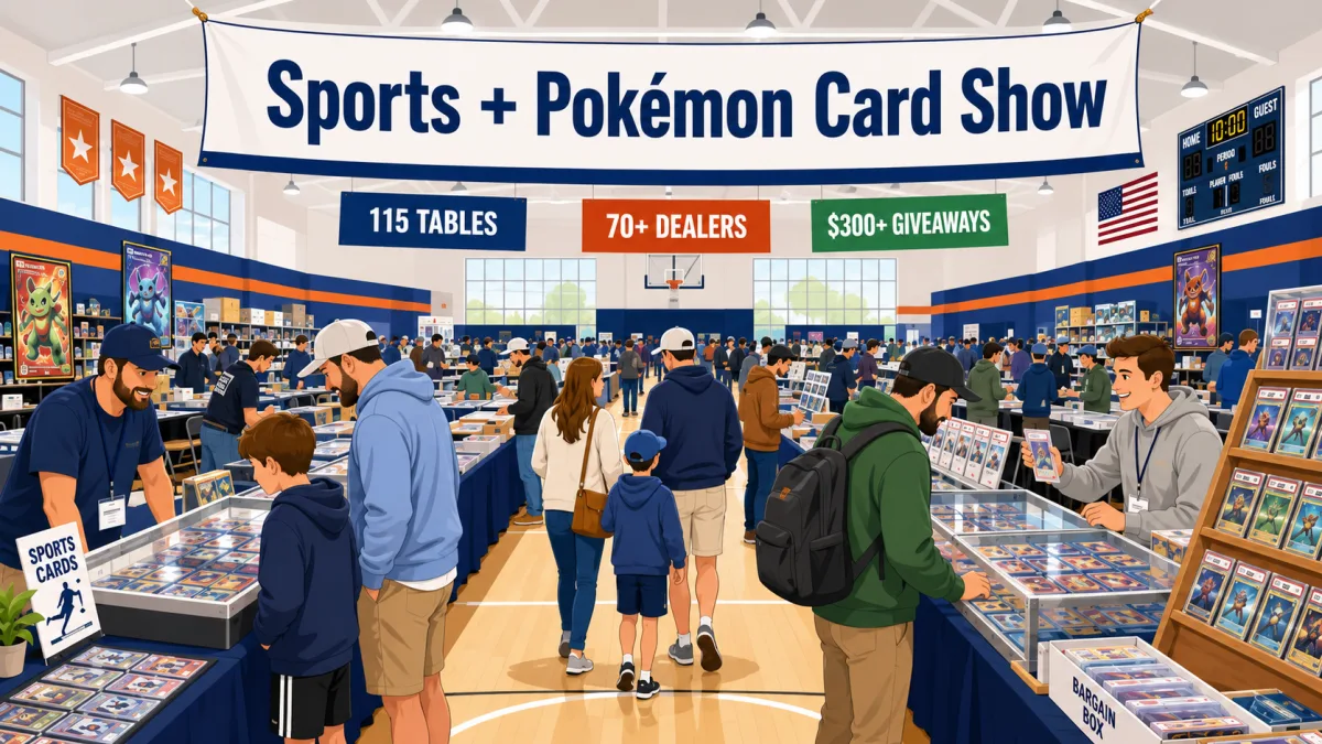 Sports and Pokémon Card Show in a gymnasium with 115 tables, 70+ dealers, families browsing sports card and Pokémon card displays, plus a bargain box.